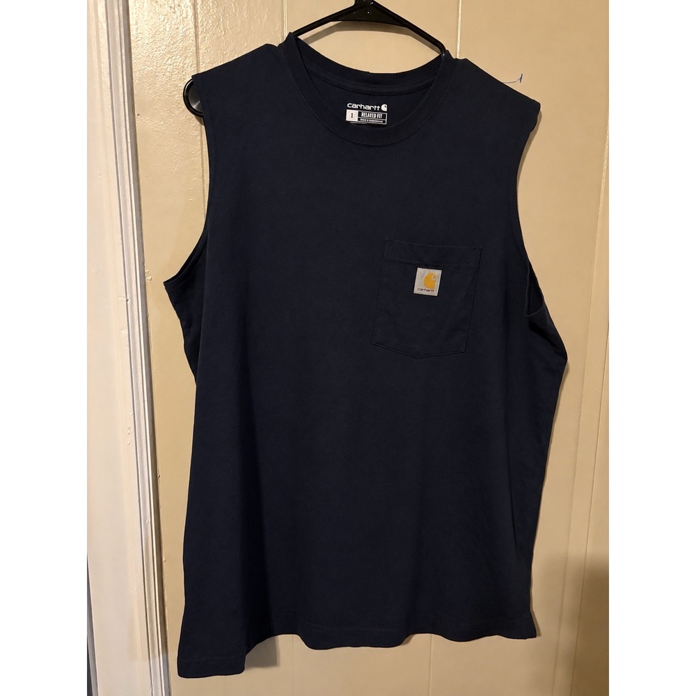 Carhartt Mens Relaxed Fit Sleeveless Pocket T-Shirt Navy Blue Large